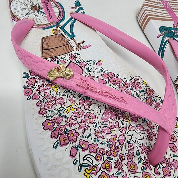 Ipanema Flip Flops Women 9 Bicycle Flower Print Sandals Pink White Bike Logo - Picture 4 of 10